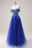 Glitter Royal Blue Off the Shoulder A Line Prom Dress with Beading