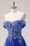 Glitter Royal Blue Off the Shoulder A Line Prom Dress with Beading