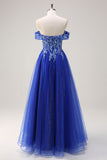 Glitter Royal Blue Off the Shoulder A Line Prom Dress with Beading