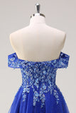 Glitter Royal Blue Off the Shoulder A Line Prom Dress with Beading