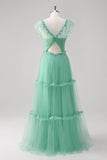 Green A Line Tulle Hollow Out Back Prom Dress