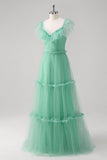 Green A Line Tulle Hollow Out Back Prom Dress