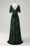 Dark Green V Neck Burnout Velvet Bridesmaid Dress with Slit