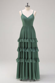 Eucalyptus A Line Spaghetti Straps Tiered Chiffon Maxi Bridesmaid Dress