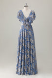 Sparkly Grey Blue Print Ruffled V Neck Pleated Maxi Dress