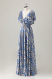 Sparkly Grey Blue Print Ruffled V Neck Pleated Maxi Dress