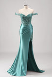 Grey Green Corset Off the Shoulder Mermaid Slit Prom Dress with Appliques