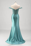 Grey Green Corset Off the Shoulder Mermaid Slit Prom Dress with Appliques