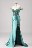 Grey Green Corset Off the Shoulder Mermaid Slit Prom Dress with Appliques