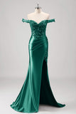 Grey Green Corset Off the Shoulder Mermaid Slit Prom Dress with Appliques