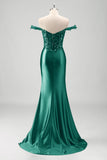 Grey Green Corset Off the Shoulder Mermaid Slit Prom Dress with Appliques