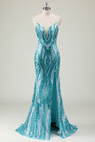 Sparkly Blue Hollow Out Mermaid Prom Dress with Slit