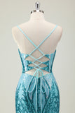 Sparkly Blue Hollow Out Mermaid Prom Dress with Slit