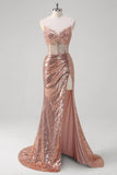 Sparkly Rose Golden Corset Strapless Floor Length Prom Dress with Slit