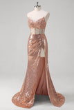 Sparkly Rose Golden Corset Strapless Floor Length Prom Dress with Slit