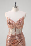 Sparkly Rose Golden Corset Strapless Floor Length Prom Dress with Slit