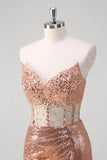 Sparkly Rose Golden Corset Strapless Floor Length Prom Dress with Slit