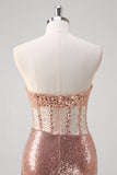 Sparkly Rose Golden Corset Strapless Floor Length Prom Dress with Slit