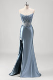 Grey Blue Mermaid Beaded Appliqued Corset Satin Strapless Prom Dress with Slit