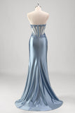 Grey Blue Mermaid Beaded Appliqued Corset Satin Strapless Prom Dress with Slit