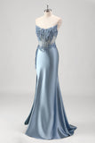 Grey Blue Mermaid Beaded Appliqued Corset Satin Strapless Prom Dress with Slit