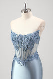 Grey Blue Mermaid Beaded Appliqued Corset Satin Strapless Prom Dress with Slit