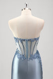 Grey Blue Mermaid Beaded Appliqued Corset Satin Strapless Prom Dress with Slit