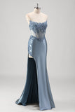 Grey Blue Mermaid Beaded Appliqued Corset Satin Strapless Prom Dress with Slit