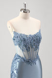 Grey Blue Mermaid Beaded Appliqued Corset Satin Strapless Prom Dress with Slit