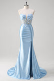 Blue Mermaid Strapless Slit Corset Prom Dress with 3D Appliques