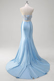 Blue Mermaid Strapless Slit Corset Prom Dress with 3D Appliques