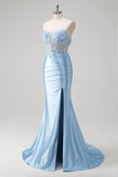 Blue Mermaid Strapless Slit Corset Prom Dress with 3D Appliques