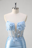 Blue Mermaid Strapless Slit Corset Prom Dress with 3D Appliques