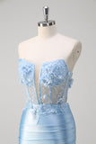 Blue Mermaid Strapless Slit Corset Prom Dress with 3D Appliques