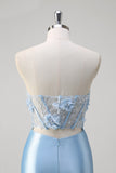 Blue Mermaid Strapless Slit Corset Prom Dress with 3D Appliques