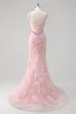 Pink Mermaid Ruched Beaded Corset Slit Prom Dress with 3D Appliques