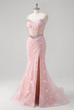 Pink Mermaid Ruched Beaded Corset Slit Prom Dress with 3D Appliques