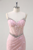 Pink Mermaid Ruched Beaded Corset Slit Prom Dress with 3D Appliques