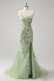 Green Corset Floral Sequined Mermaid Tulle Prom Dress with Slit