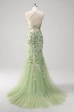 Green Corset Floral Sequined Mermaid Tulle Prom Dress with Slit