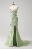 Green Corset Floral Sequined Mermaid Tulle Prom Dress with Slit