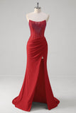 Red Beaded Corset Strapless Mermaid Floor Length Prom Dress with Slit