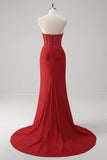 Red Beaded Corset Strapless Mermaid Floor Length Prom Dress with Slit