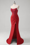 Red Beaded Corset Strapless Mermaid Floor Length Prom Dress with Slit