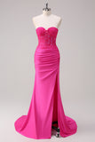 Fuchsia Sweetheart Ruched Mermaid Slit Prom Dress with Appliques