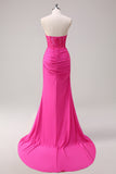 Fuchsia Sweetheart Ruched Mermaid Slit Prom Dress with Appliques