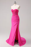 Fuchsia Sweetheart Ruched Mermaid Slit Prom Dress with Appliques