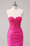 Fuchsia Sweetheart Ruched Mermaid Slit Prom Dress with Appliques