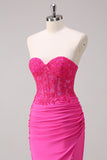 Fuchsia Sweetheart Ruched Mermaid Slit Prom Dress with Appliques