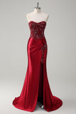 Burgundy Beaded Strapless Mermaid Prom Dress with Slit